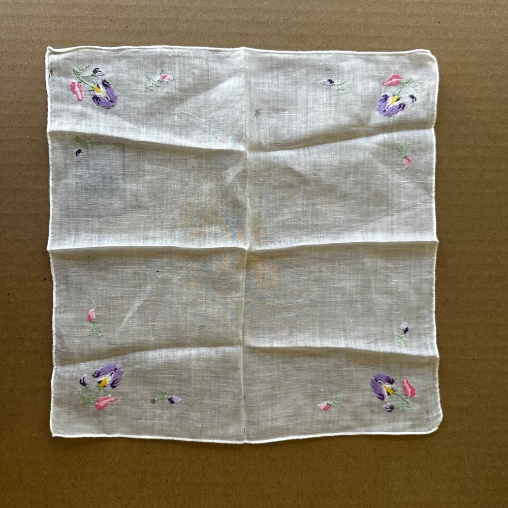 Vintage White Linen Handkerchief Purple Pansy Hand Embroidered Floral 11x11